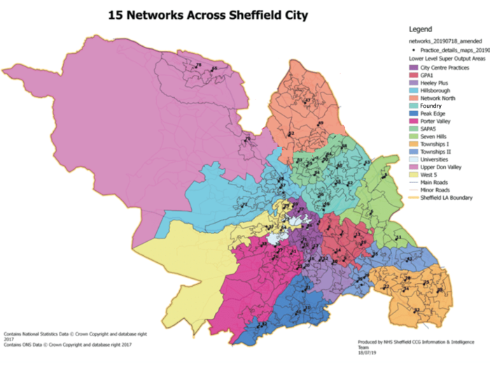Map of Sheffield with colours denoting which areas are covered by which of Sheffield's 15 primary care networks