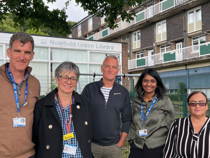 The team members responsible for the opening of the hub stand outside Newfield Green Library.