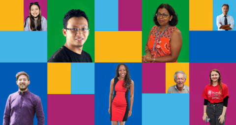 A collage of people on PCMH colour blocks.