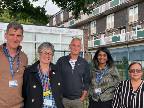 The team members responsible for the opening of the hub stand outside Newfield Green Library.